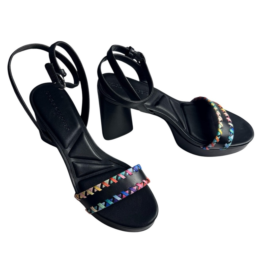 Karl Lagerfeld Paris Haden Platform Heels Black Rainbow Trim Sandals US 10 New